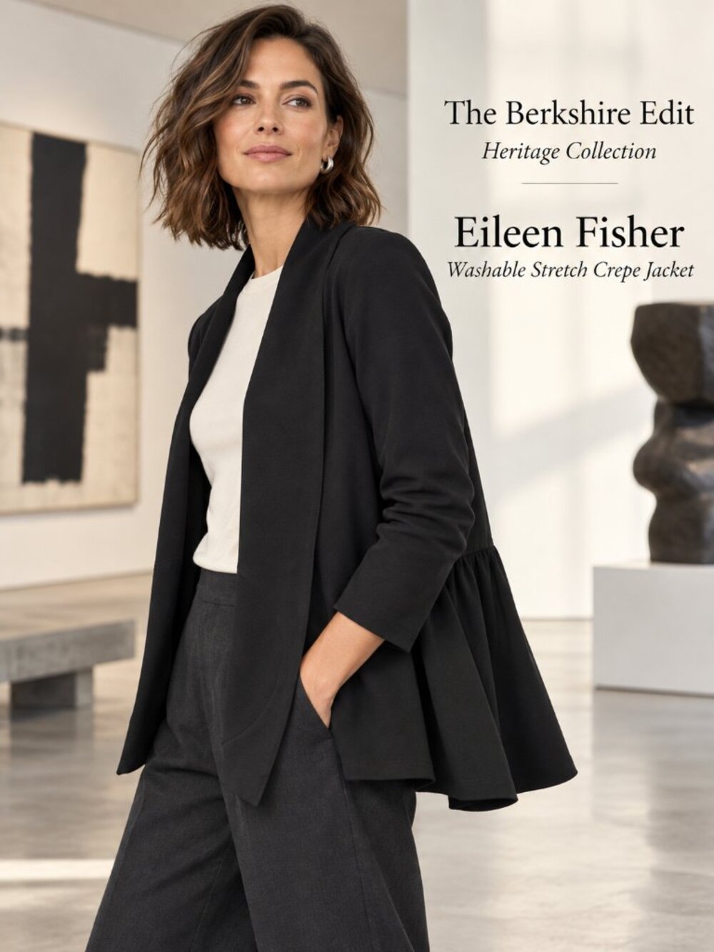 Eileen Fisher Washable Stretch Crepe Open Front Jacket Black Large Peplum